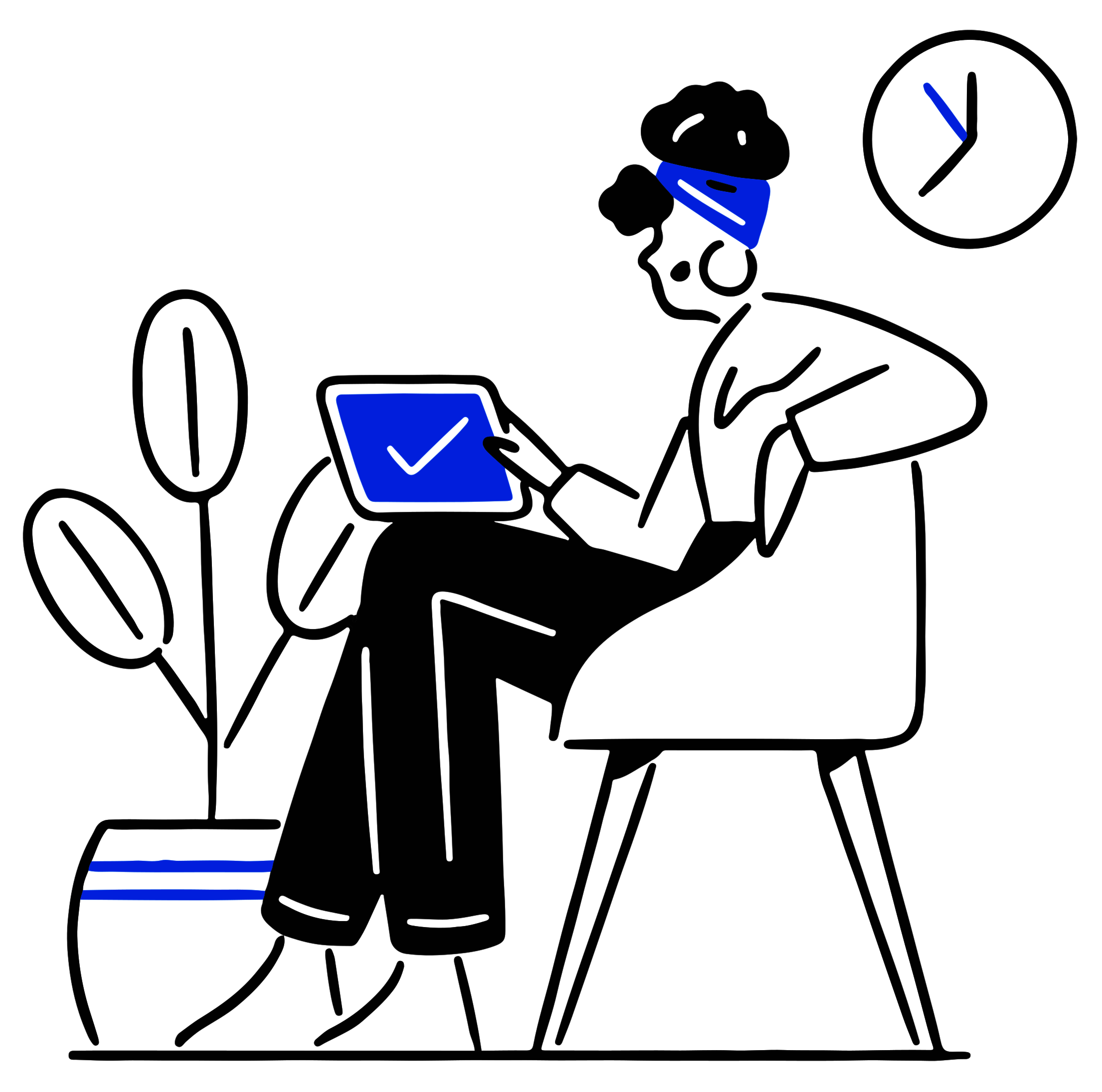 Illustration: Frau an Tablet auf Stuhl