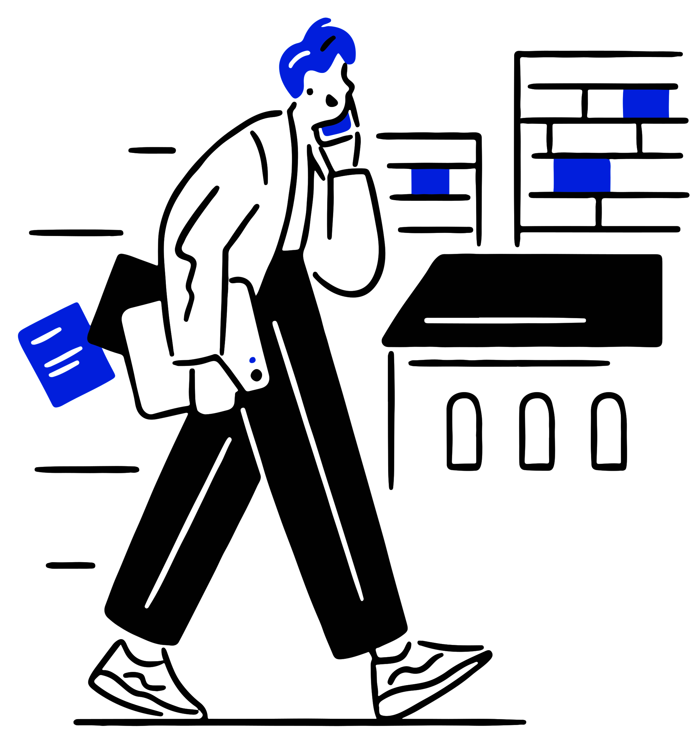 Illustration: Person läuft durch Stadt mit Mobiltelefon am Ohr